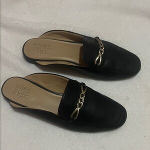 Naturalizer Black Mules with Gold Chain Accent